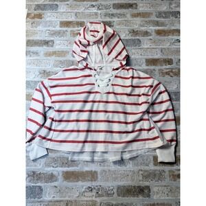 Maddie Womens Red White Striped Lace Up Hoodie Mesh Back Ruffle Sweatshirt M